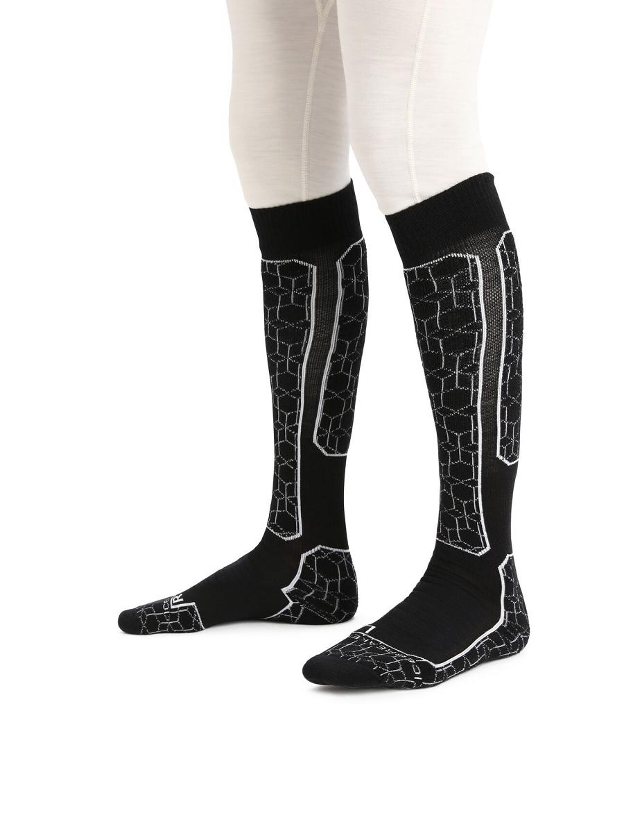 Men's Icebreaker Merino Ski+ Medium Over the Calf Alpine Geo Socks Black / Snow | CA 1942GSOL